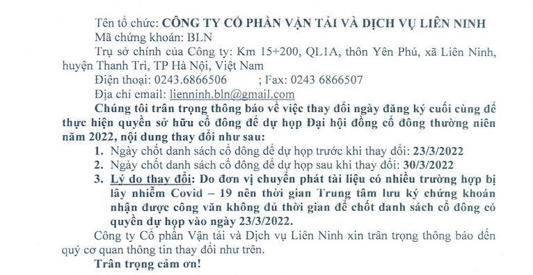 THÔNG BÁO THAY ĐỔI NGÀY ĐĂNG KÝ CUỐI CÙNG ĐỂ THỰC HIỆN QUYỀN SỞ HỮU CỔ ĐÔNG ĐỂ THAM DỰ HỌP ĐẠI HỘI ĐỒNG CỔ ĐÔNG THƯỜNG NIÊN NĂM 2022