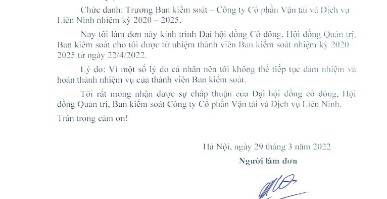 ĐƠN TỪ NHIỆM THÀNH VIÊN BAN KIỂM SOÁT CÔNG TY