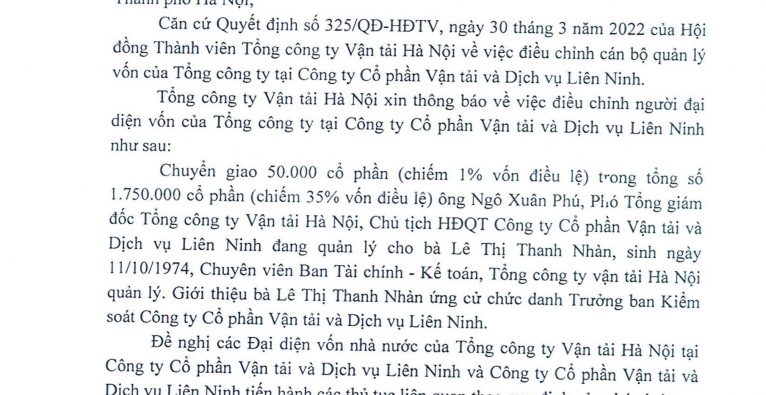 Thông báo V/v điều chỉnh cán bộ quản lý vốn của TCT tại CTCP Vận tải và dịch vụ Liên Ninh