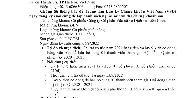 THÔNG BÁO VỀ NGÀY ĐĂNG KÝ CUỐI CÙNG ĐỂ THỰC HIỆN CHI TRẢ CỔ TỨC NĂM 2021 BẰNG TIỀN VÀ LẤY Ý KIẾN CỔ ĐÔNG BẦU BỔ SUNG THÀNH VIÊN HĐQT