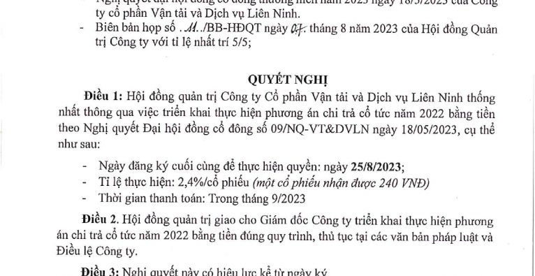 NGHỊ QUYẾT THÔNG QUA VIỆC TRIỂN KHAI THỰC HIỆN PHƯƠNG ÁN CHI TRẢ CỔ TỨC NĂM 2022 BẰNG TIỀN