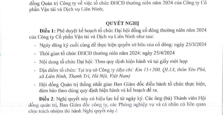 NGHỊ QUYẾT CỦA HỘI ĐỒNG QUẢN TRỊ VỀ VIỆC TỔ CHỨC ĐẠI HỘI ĐỒNG CỔ ĐÔNG THƯỜNG NIÊN NĂM 2024