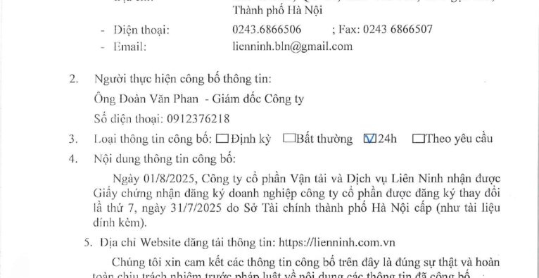 Công bố thông tin GCN Đăng ký doanh nghiệp thay đổi lần thứ 7