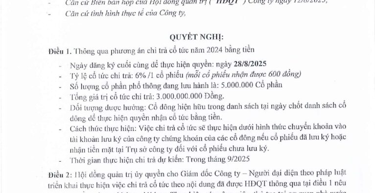 NGHỊ QUYẾT THÔNG QUA PHƯƠNG ÁN CHI TRẢ CỔ TỨC NĂM 2024 BẰNG TIỀN